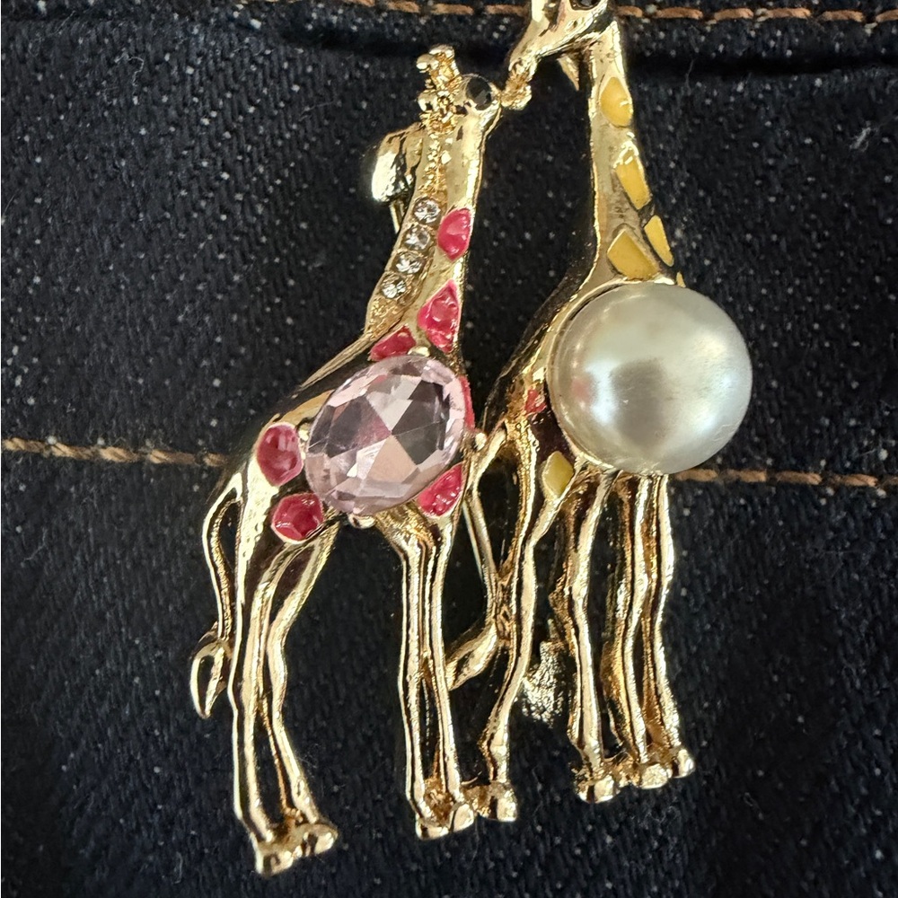 Gold Giraffe Brooch with Red  and Pearl Accents